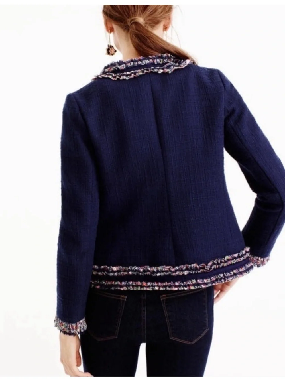 J. Crew Lady Jacket In Navy Blue Tweed Button Down Floral Ruffle Trim Size 12